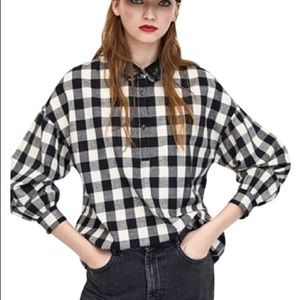 Zara gingham checked shirt long sleeve sequinned collar button down women's M